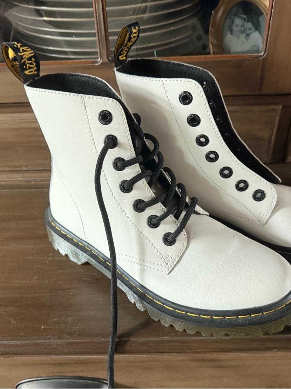 Dr. Martens White Boots with Black Interior and Yellow Stitching